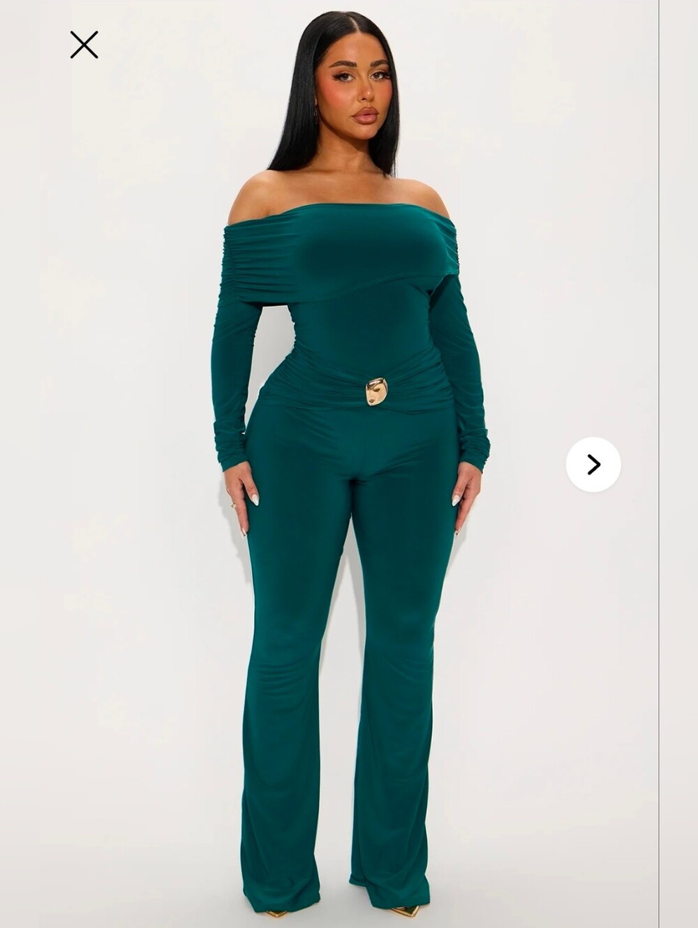 Fashion Nova Off-Shoulder Emerald Jumpsuit with Gold Buckle